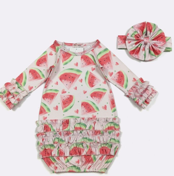 Watermelon Love Baby Girl Gown with Headband Set